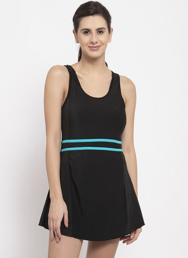 CUKOO Women Black & Blue Striped A-Line Swimdress with Attached Shorts - Image 2